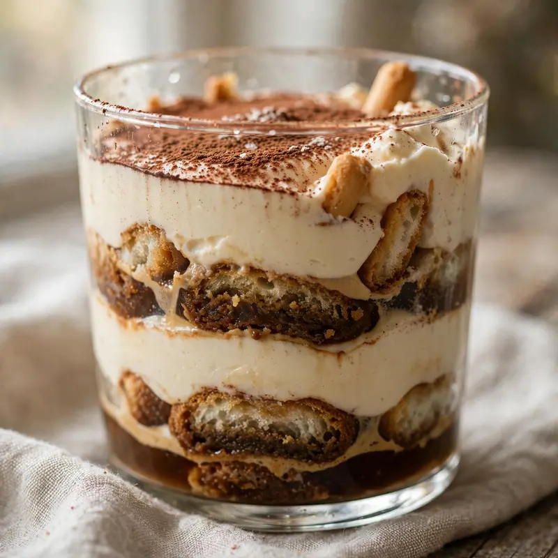 A glass of tiramisu showing distinct espresso-soaked layers, cocoa dusted on top, savoiardi peeking through. Italian dessert photography, soft window