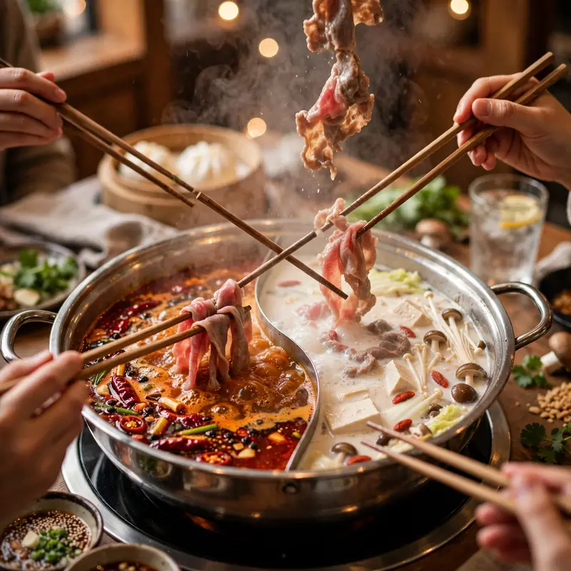A bubbling split hot pot with spicy red and milky white broths, thin beef slices swirling in, friends' chopsticks crossing. Communal food