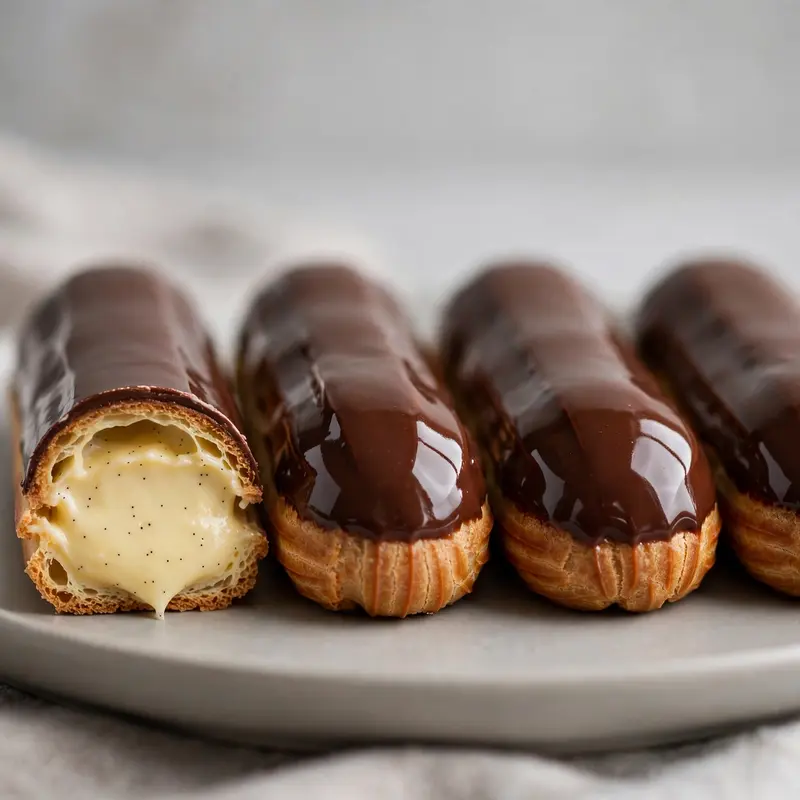 A row of chocolate-glazed eclairs with glossy mirror finish, one cut showing vanilla bean custard. Patisserie photography, soft studio light, refined