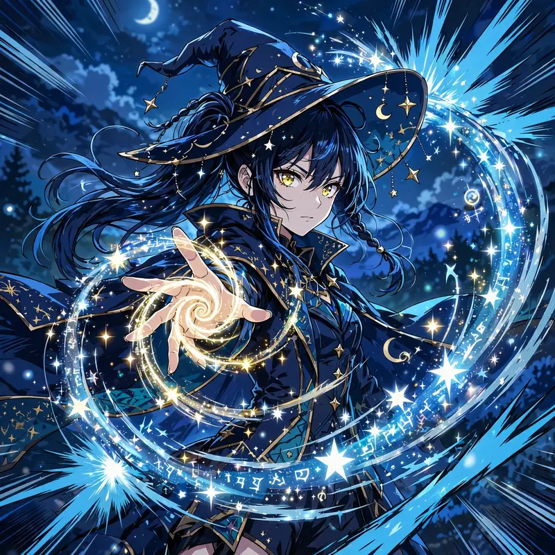 High-energy anime poster art of a witch casting a spiral of starlight, rendered in vibrant cel-shaded anime style with explosive impact frames
