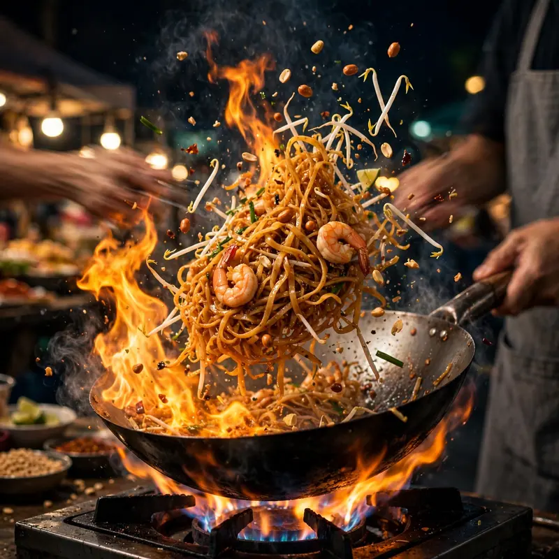 Pad thai tossed in a flaming wok, noodles mid-air with shrimp, peanuts and bean sprouts, street vendor hands blurred. Thai street food photography