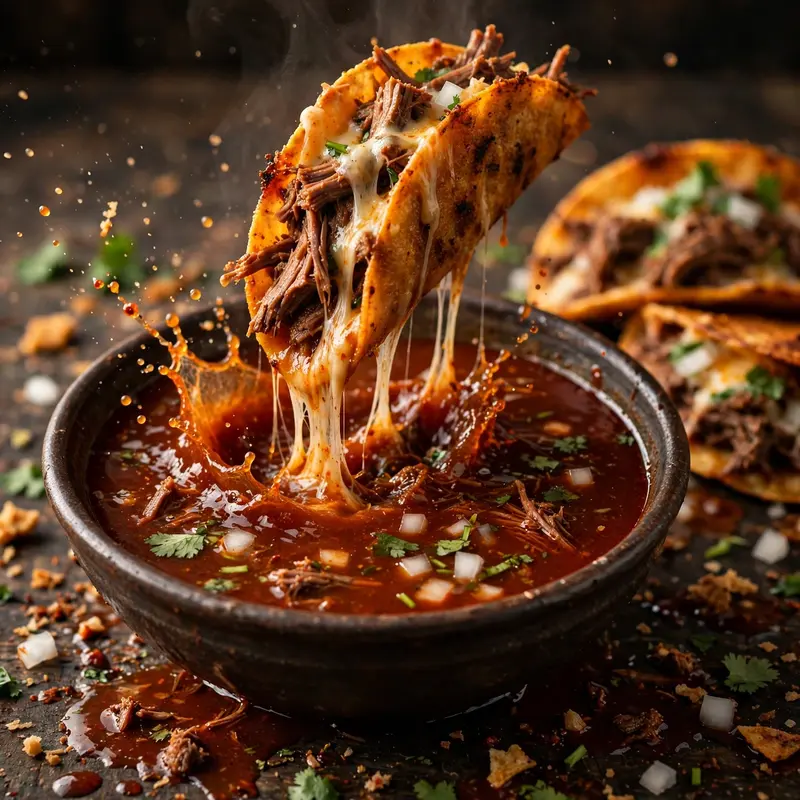 Crispy birria tacos with cheese pull being dunked into rich red consomme, cilantro and onion floating. Mexican food photography, warm dramatic light