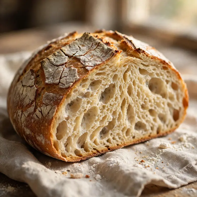 A rustic sourdough boule sliced open showing open airy crumb, flour-dusted crust crackling, on a linen cloth. Bread photography, warm window light