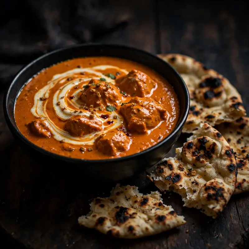 Creamy butter chicken with a swirl of cream, charred naan for scooping, in a black bowl on dark wood. Indian food photography, moody low light, rich