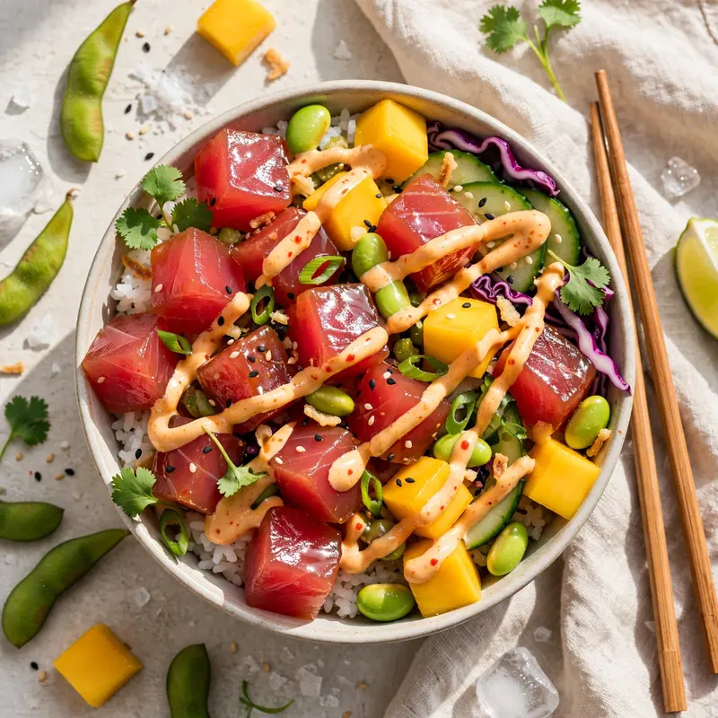 A vibrant poke bowl with cubed ahi tuna, mango, edamame and spicy mayo drizzle over sushi rice, chopsticks resting. Hawaiian food photography, bright