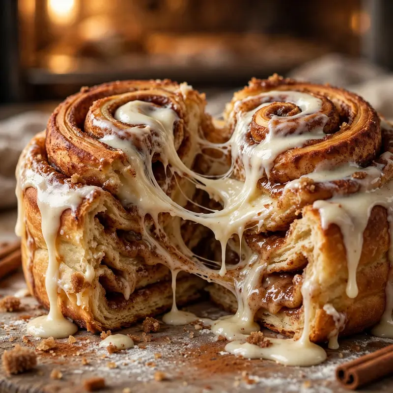 A giant cinnamon roll with cream cheese frosting melting into the swirl, pulled apart to show gooey layers. Bakery photography, warm oven light, cozy