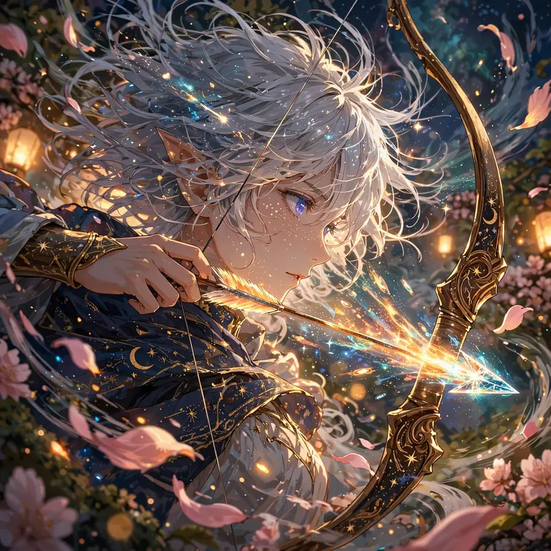 painterly anime style with cel-shaded characters anime scene: a celestial archer nocking a comet arrow, surrounded by swirling petals and drifting
