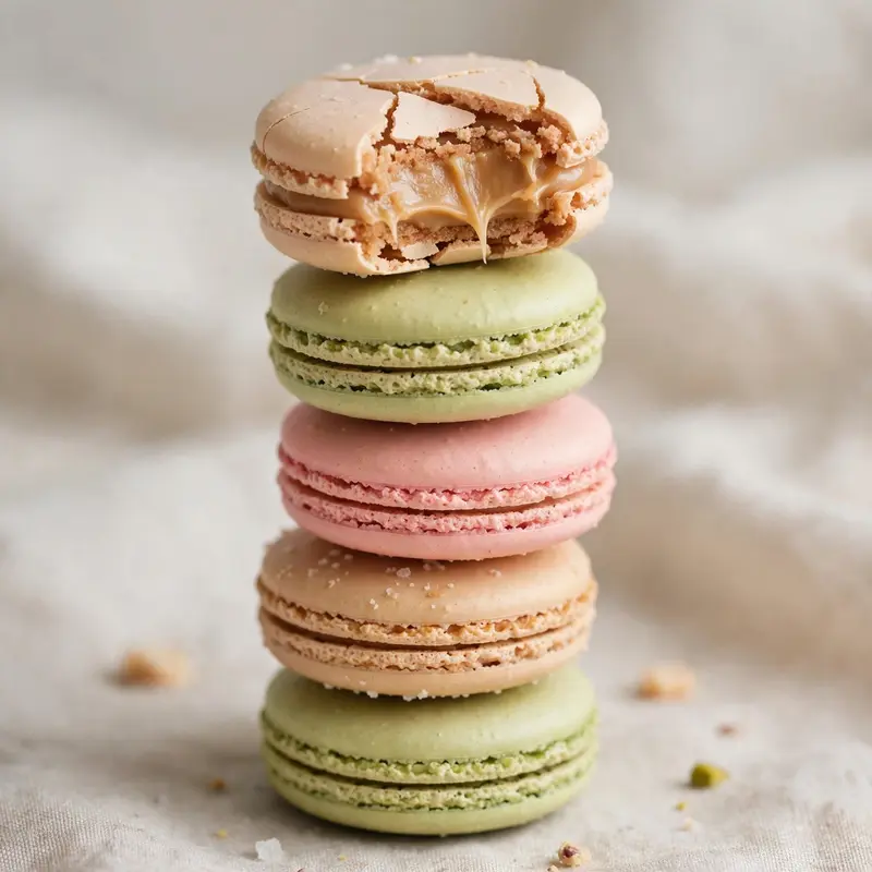 A tower of pastel macarons in pistachio, rose and salted caramel, one cracked showing ganache. French patisserie photography, soft studio light