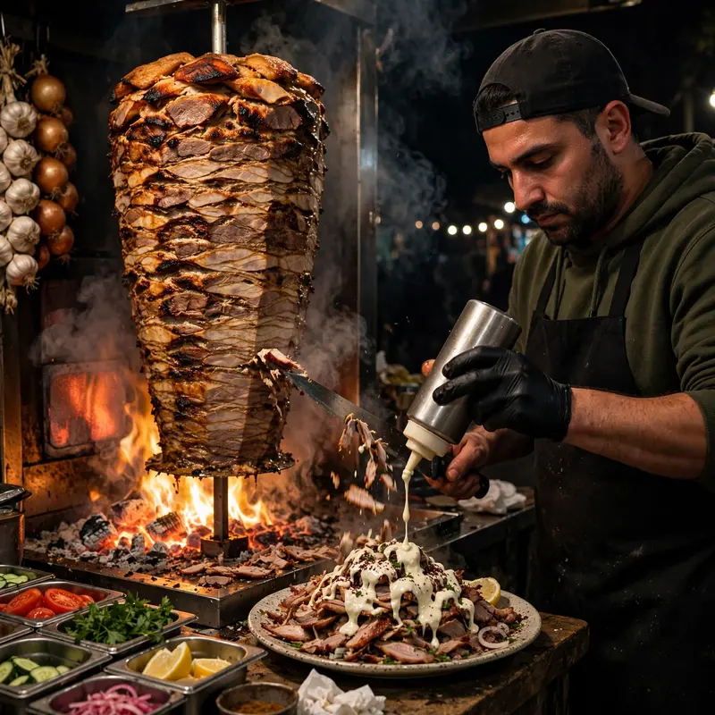 A towering shawarma spit rotating over flames, the carver shaving crisp edges onto a piled plate, garlic sauce dripping. Street food photography