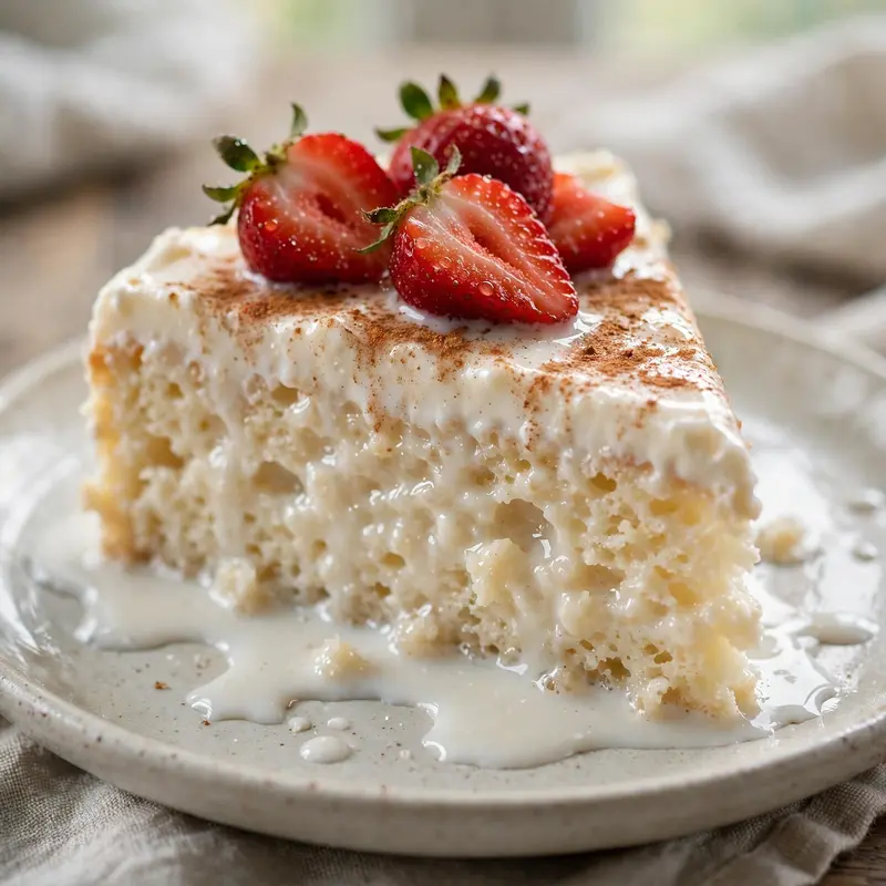A slice of tres leches cake glistening with milk soak, cinnamon dusted, strawberries on top, syrup pooling. Latin dessert photography, soft daylight