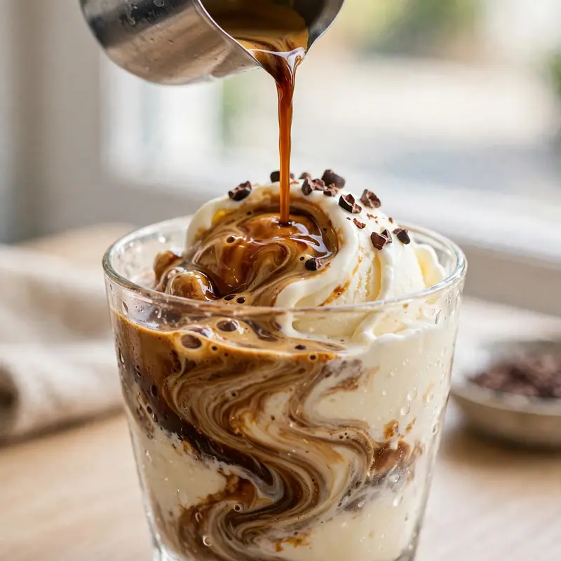 Hot espresso poured over vanilla gelato in a glass, swirling and melting on camera, cocoa nibs on top. Italian dessert photography, bright cafe