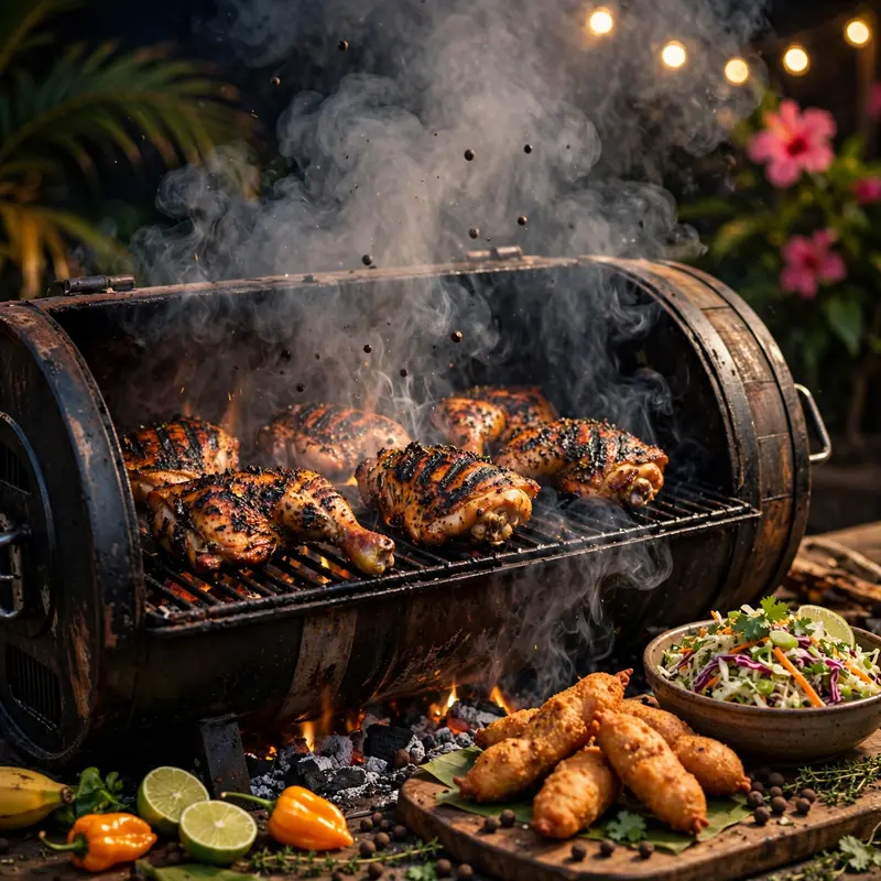 Jerk chicken thighs charring on a barrel grill, allspice smoke billowing, festival bread and slaw alongside. Caribbean food photography, firelight