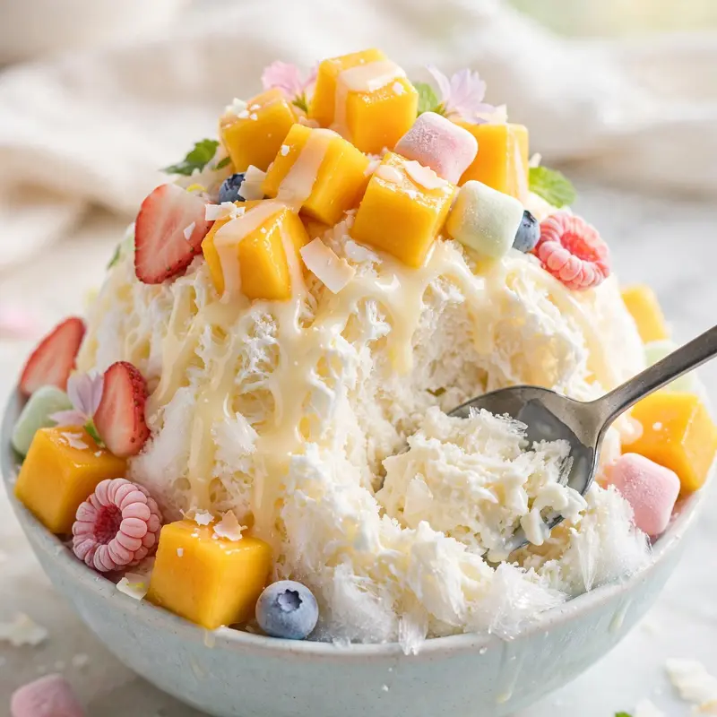 A mountain of shaved milk bingsu topped with mango cubes and condensed milk drizzle, spoon digging in. Korean dessert photography, bright light