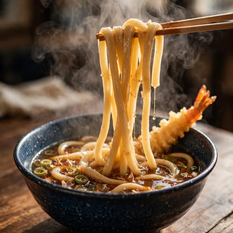 Thick udon noodles lifted high with chopsticks, glossy with dashi, tempura shrimp on the rim, steam everywhere. Japanese noodle photography, warm