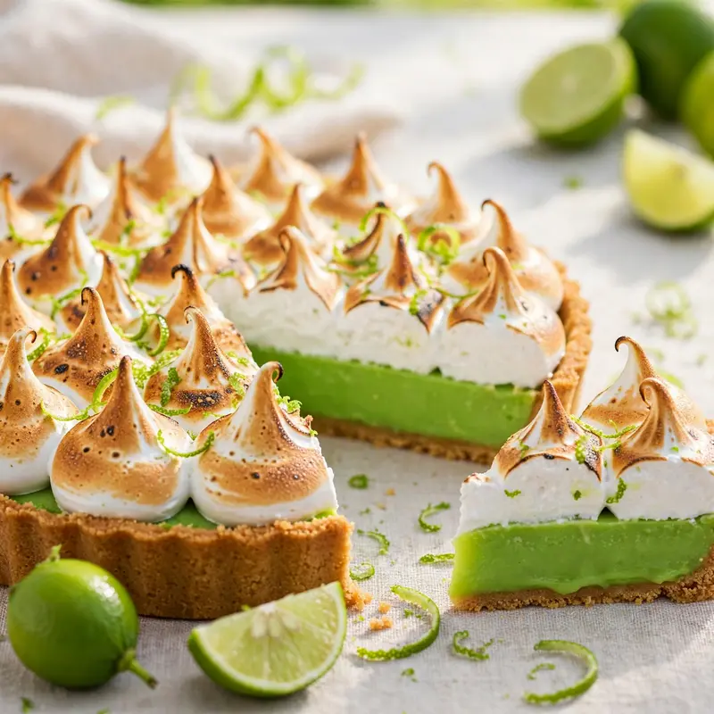 A key lime tart with torched meringue peaks, lime zest curls, vibrant green curd slice lifted out. Dessert photography, bright daylight, zesty and