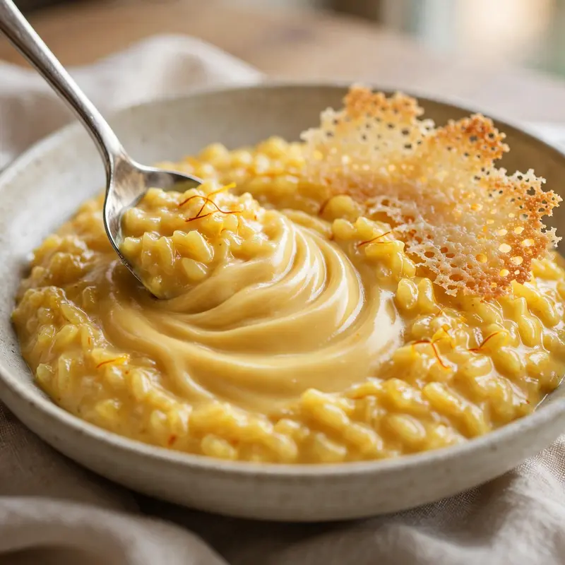 A creamy saffron risotto with parmesan crisp, the spoon drag revealing glossy waves, in a shallow bowl. Italian food photography, soft restaurant