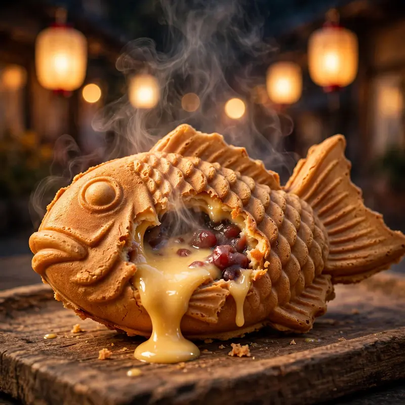 A fish-shaped taiyaki with crisp shell bitten to reveal flowing custard, red bean steam, festival lanterns behind. Japanese street dessert