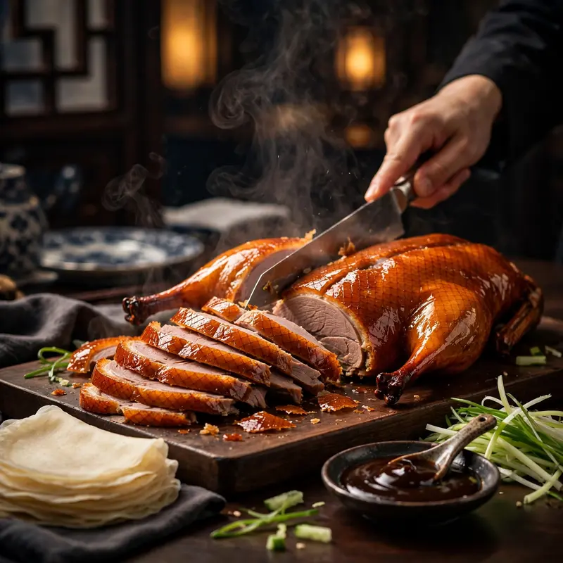 Lacquered Peking duck with crackling skin being sliced tableside, pancakes and hoisin arranged, steam rising. Chinese fine dining photography, warm