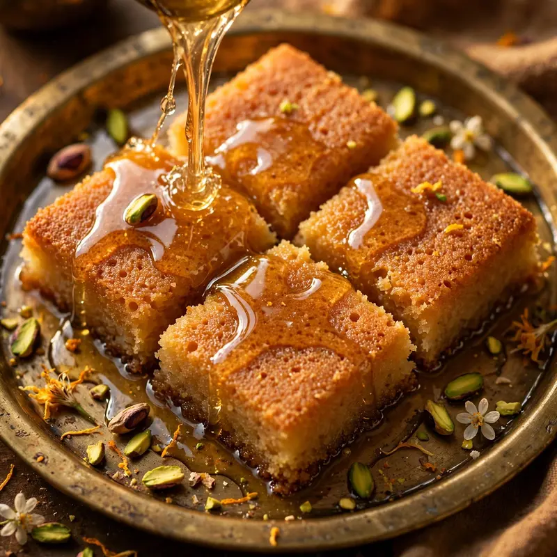 Warm basbousa squares soaked as orange-blossom syrup pours over, pistachios scattered, in a brass tray. Middle Eastern dessert photography, warm