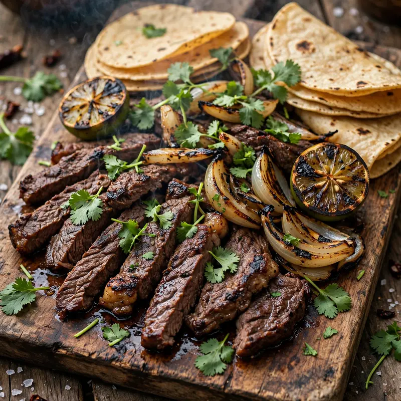 A wooden board piled with sliced carne asada, charred lime, grilled onions and warm tortillas, cilantro shower. Mexican grill photography, rustic