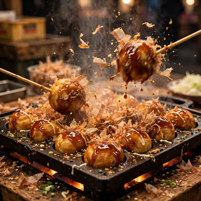 Takoyaki balls being flipped with skewers on a cast iron griddle, takoyaki sauce and bonito applied, Osaka stall. Japanese street food photography