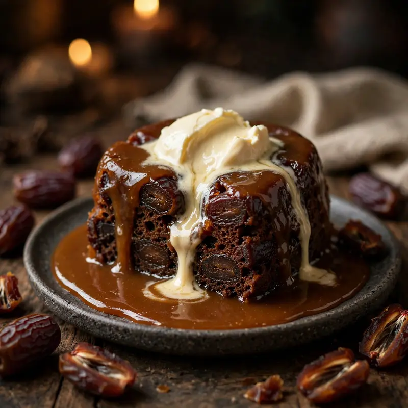 A warm sticky toffee pudding with dates, toffee sauce pooling, clotted cream melting on top. British dessert photography, cozy low light, comforting