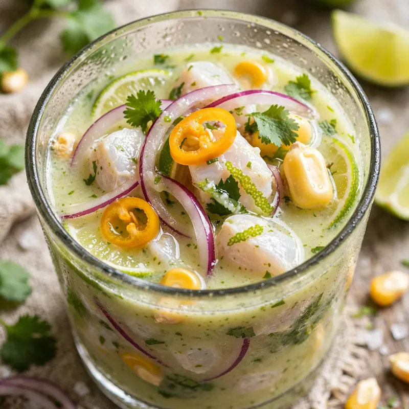 Sea bass ceviche curing in lime leche de tigre, red onion, aji and corn, served in a chilled glass. Peruvian food photography, bright daylight, zesty