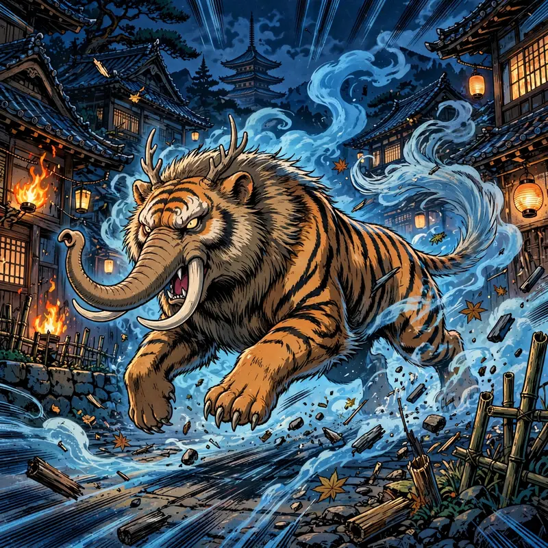 a dream-eater baku prowling the night rendered in nostalgic cel-animation look, frozen mid-action with bold motion lines and flying debris