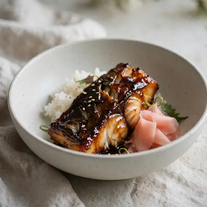 Miso-glazed black cod with caramelized edges, pickled ginger and rice, in a minimalist ceramic bowl. Japanese fine dining photography, soft light
