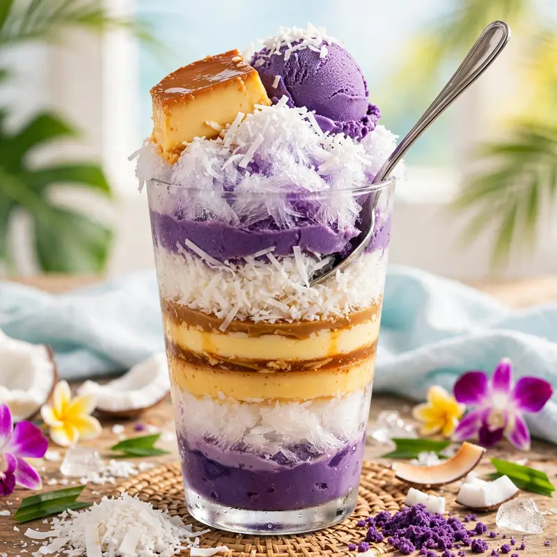 A tall glass of halo-halo with ube, leche flan, shaved ice and coconut layers, long spoon poised. Filipino dessert photography, bright light, playful