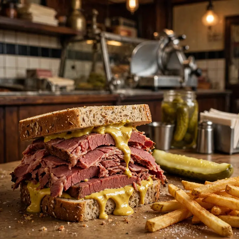A towering pastrami on rye with mustard oozing, pickle spear and fries, classic deli counter behind. Deli food photography, warm nostalgic light