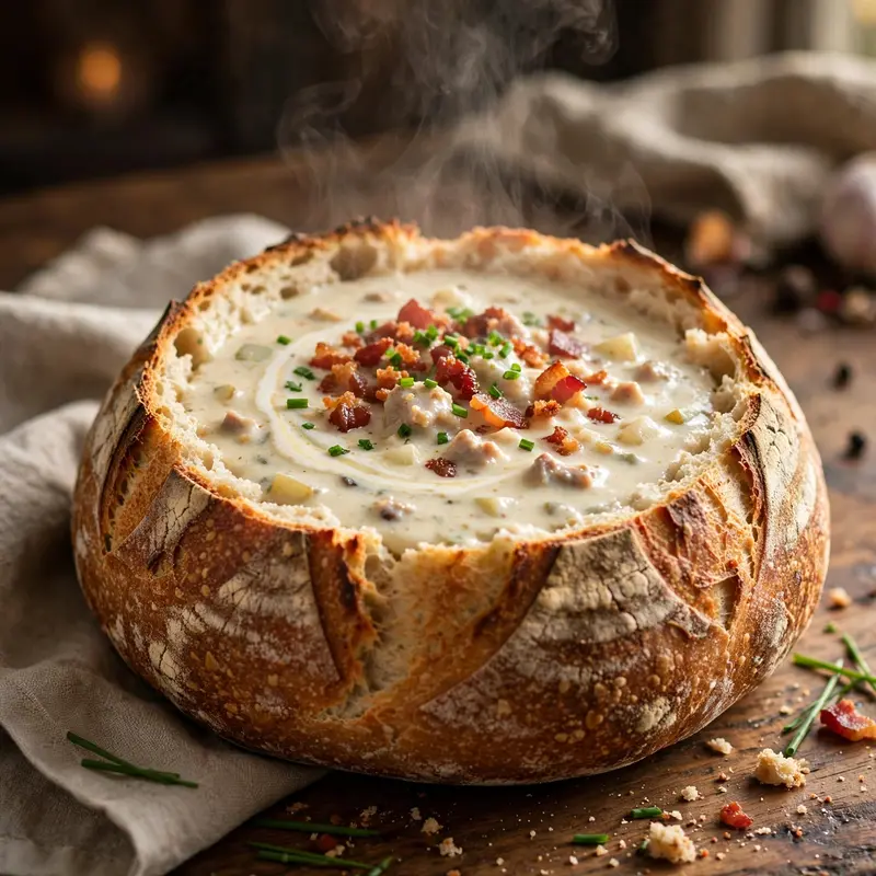 New England clam chowder served in a hollowed sourdough bowl, bacon crumble and chives on top, steam rising. Comfort food photography, cozy light