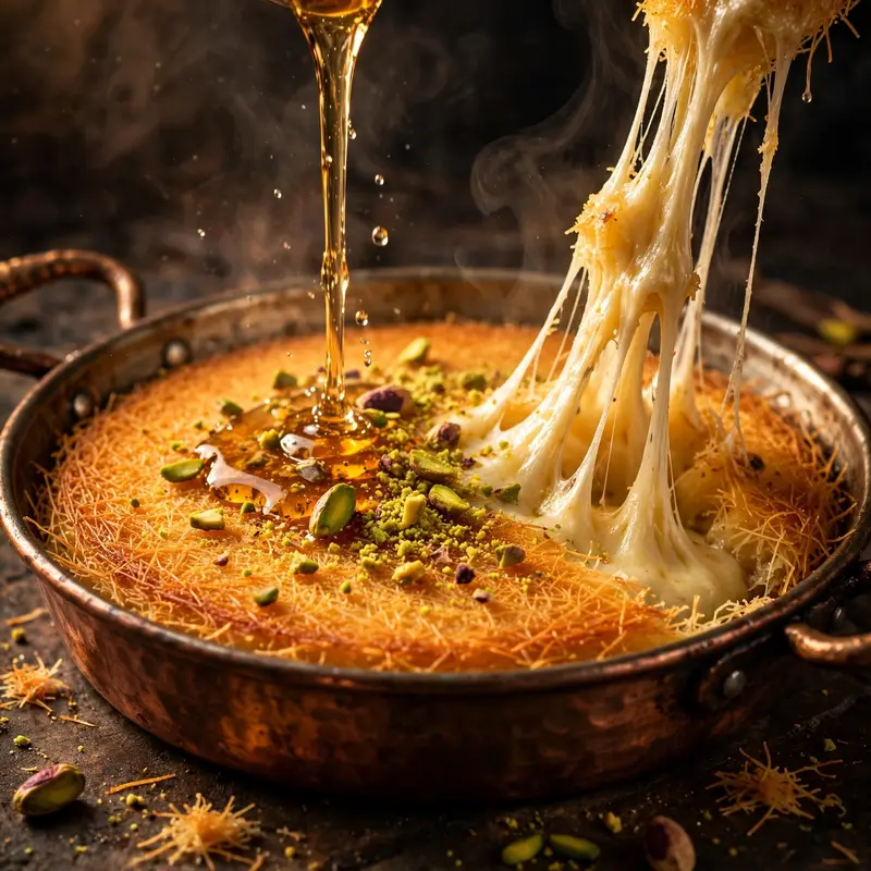A sizzling round of kunafa with stretchy cheese pull, crushed pistachios and syrup pour, in a copper pan. Middle Eastern dessert photography, warm