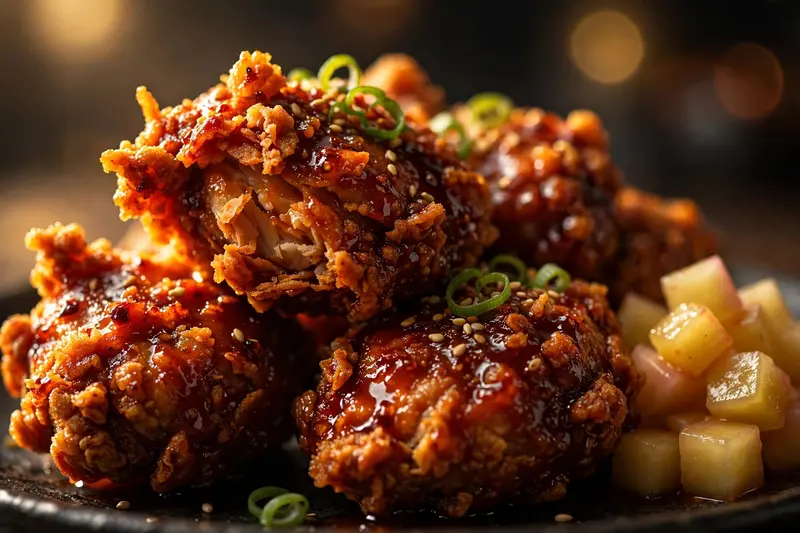 Korean fried chicken glazed in gochujang, double-fried shattering crust, sesame and scallions, pickled radish. Korean food photography, bold side