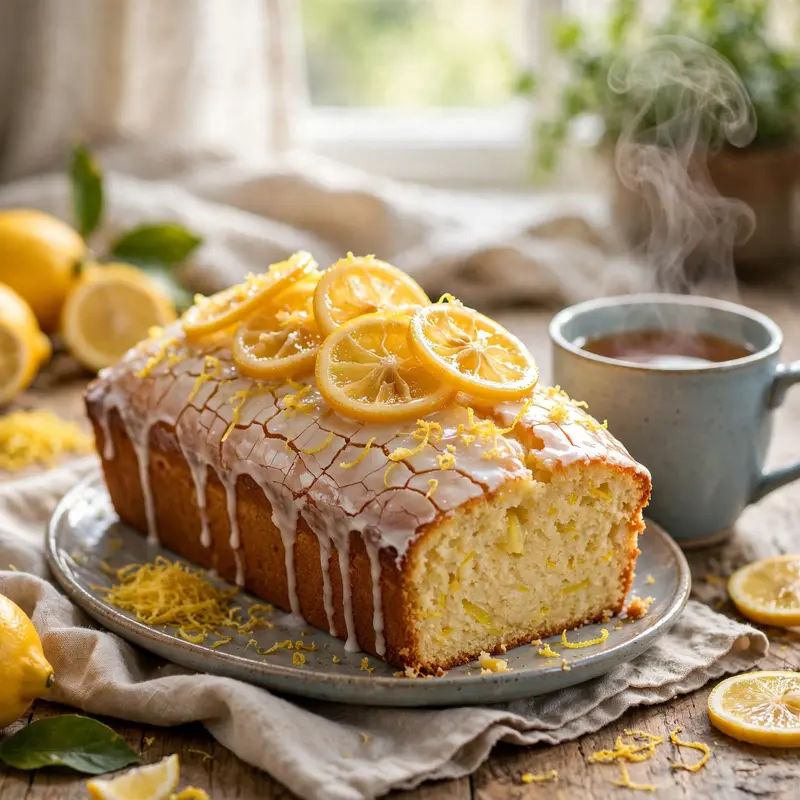 A lemon drizzle loaf with crackled glaze, candied lemon slices on top, tea steaming beside it. British baking photography, bright window light, sunny