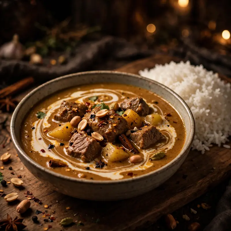 A bowl of massaman curry with tender beef, peanuts and potatoes, coconut cream swirl, jasmine rice. Thai food photography, warm low light, rich and