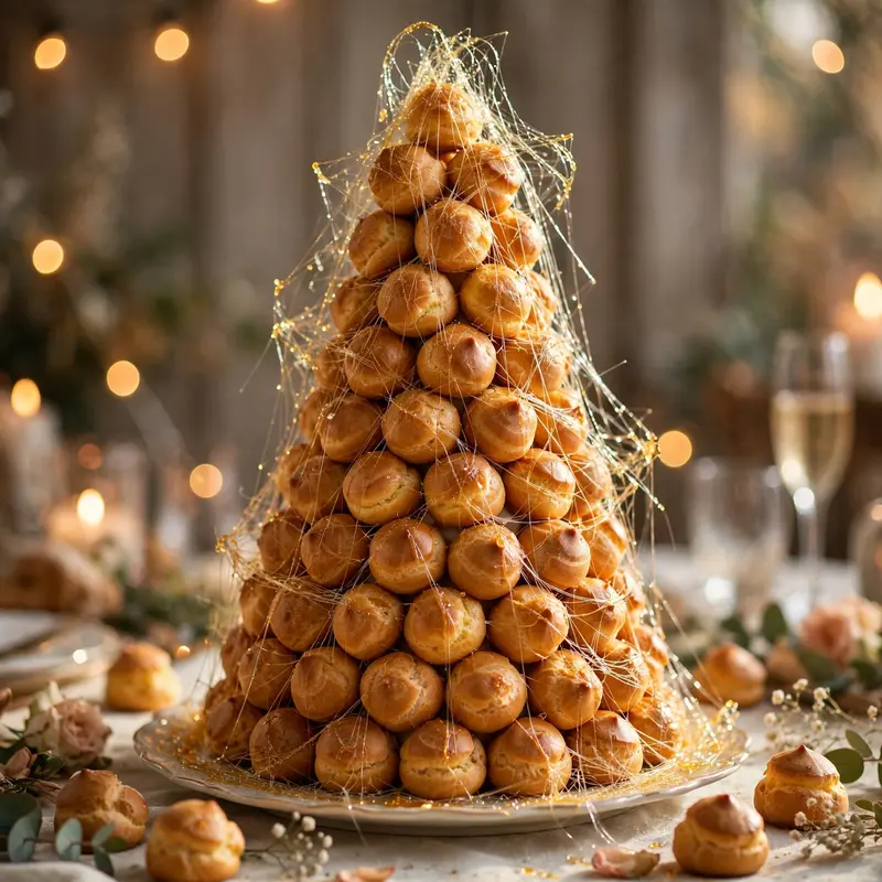 A croquembouche tower of profiteroles bound with caramel threads, spun sugar glinting, at a celebration. French patisserie photography, festive