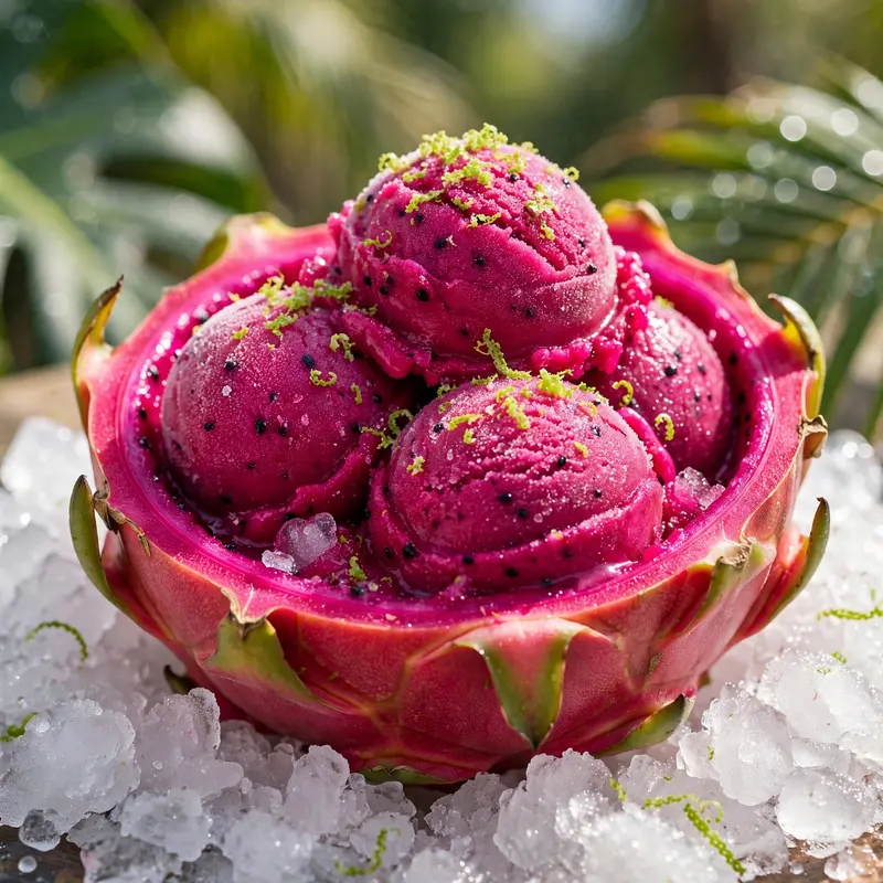 Magenta dragon fruit sorbet scooped into the hollowed fruit shell, lime zest, on crushed ice. Tropical dessert photography, bright light, exotic and