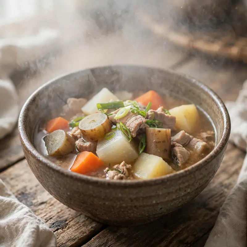A rustic bowl of tonjiru pork miso soup with root vegetables, steam fogging the lens, wooden table. Japanese home cooking photography, soft kitchen