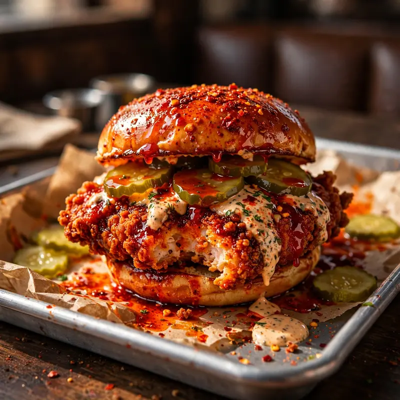 Nashville hot chicken sandwich with cayenne oil glistening, pickles and comeback sauce, on a diner tray. Southern food photography, bold light, fiery