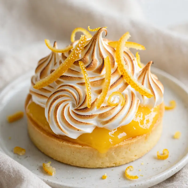 A yuzu tart with torched Italian meringue swirls, candied yuzu peel, bright citrus curd. Japanese-French dessert photography, clean studio light