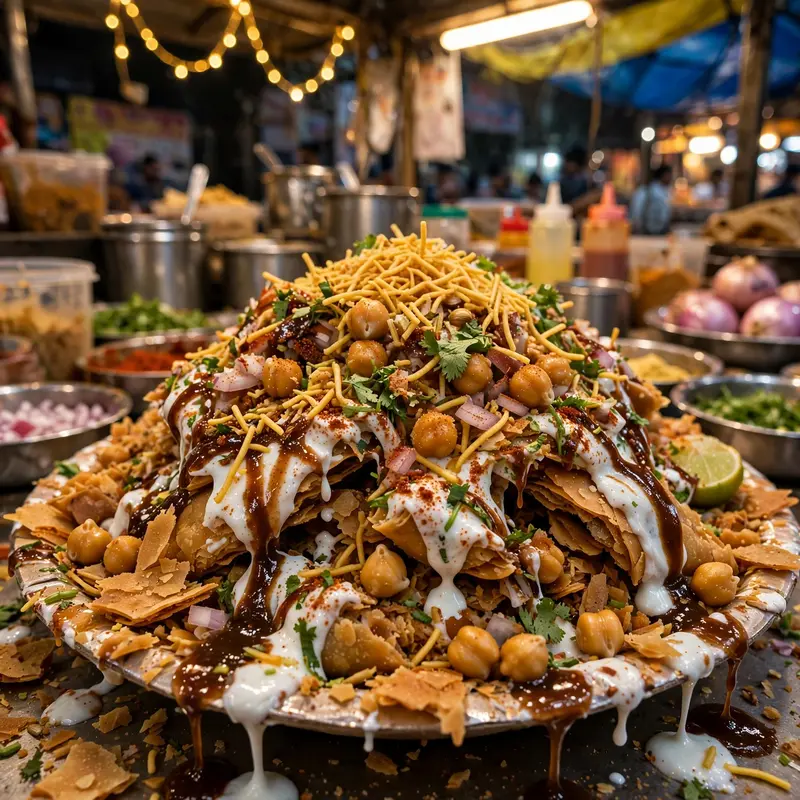 Crushed samosas loaded as chaat with chickpeas, yogurt, tamarind and sev, eaten at a busy Mumbai stall. Indian street food photography, vibrant stall