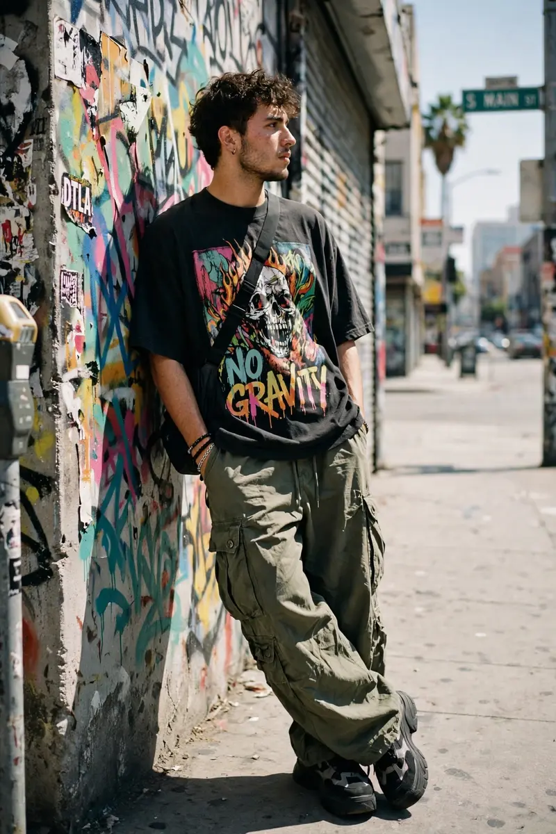 A model in an oversized boxy graphic tee, baggy cargos and chunky sneakers leaning against a graffitied concrete wall in downtown LA. Streetwear