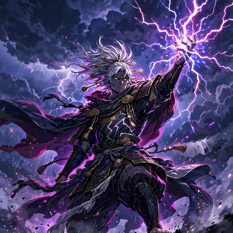 crisp digital anime style illustration of a thunder god hurling crackling lightning, posed heroically against a dramatic sky. Electric magenta key
