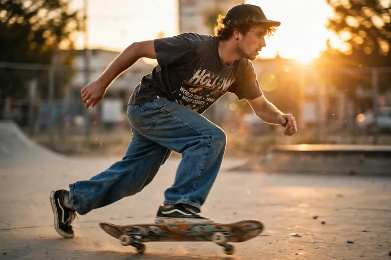 A skater mid-push in wide-leg jeans, vintage band tee and worn Vans, motion blur on the board, sun flares. Skate culture photography, golden hour