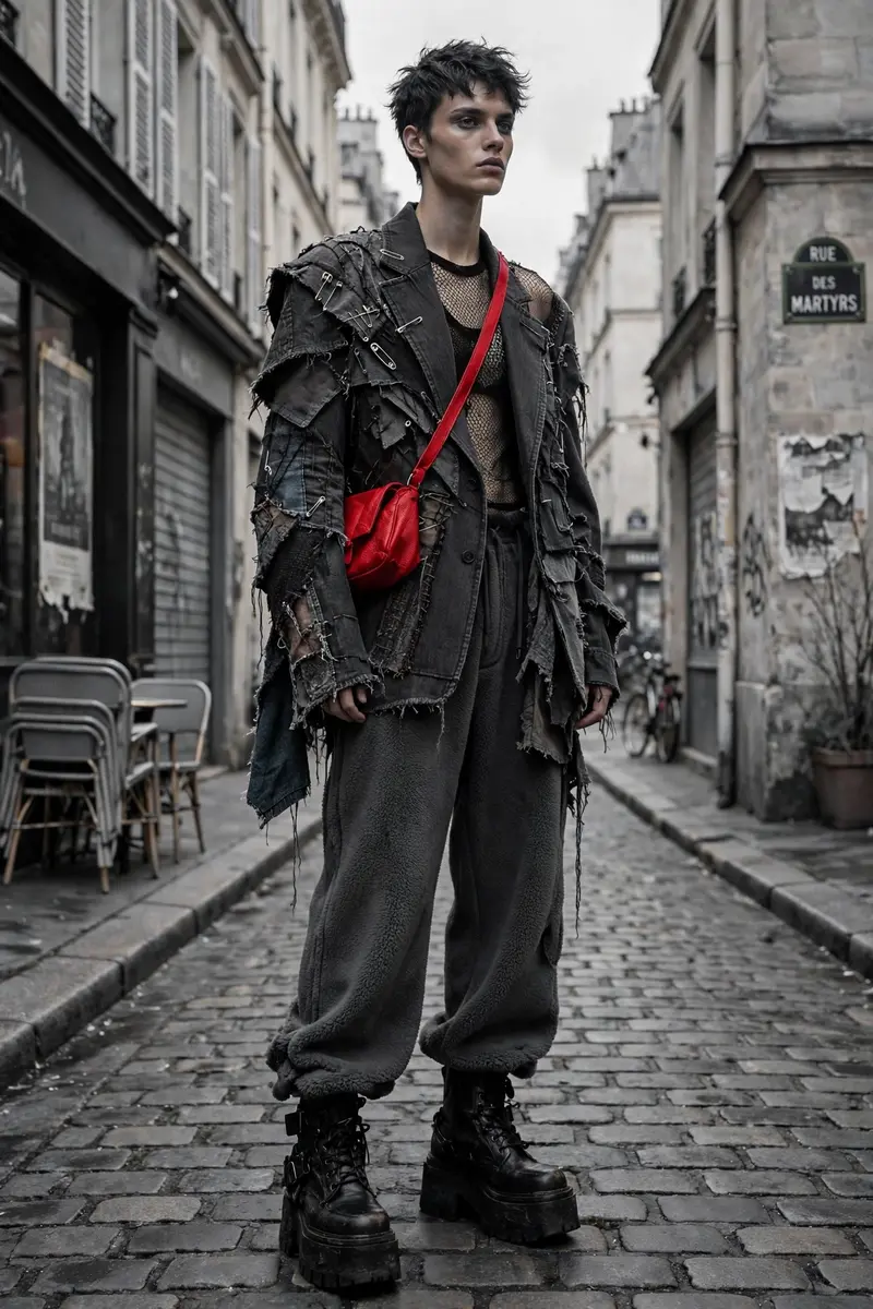 High-fashion street fusion with an avant-garde deconstructed blazer, mesh top and platform boots on a Paris side street. Editorial street