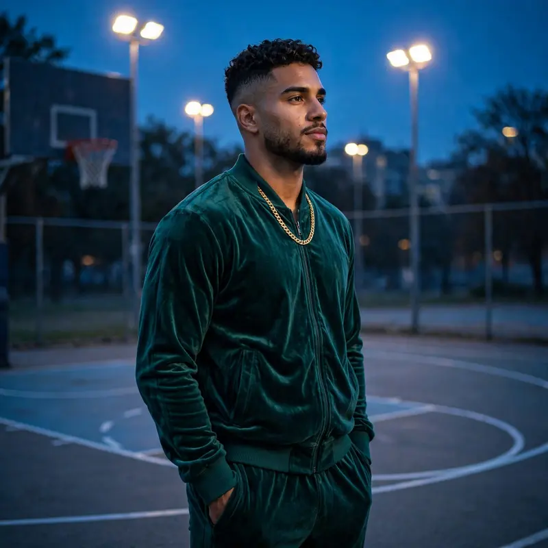 A velour tracksuit in deep emerald with gold chain and fresh fade, posed on a basketball court at blue hour. Sport-luxe photography, court