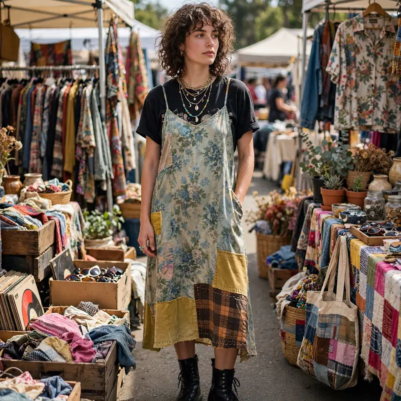 A model in a reworked vintage slip dress over a band tee, layered chains and combat boots, at a flea market. Thrift fashion photography, bright