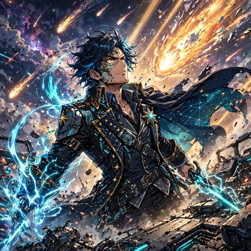 Epic anime splash art featuring a star pirate captain on a comet-lit deck in sleek cyber-anime hybrid style, energy crackling around the figure. Soft