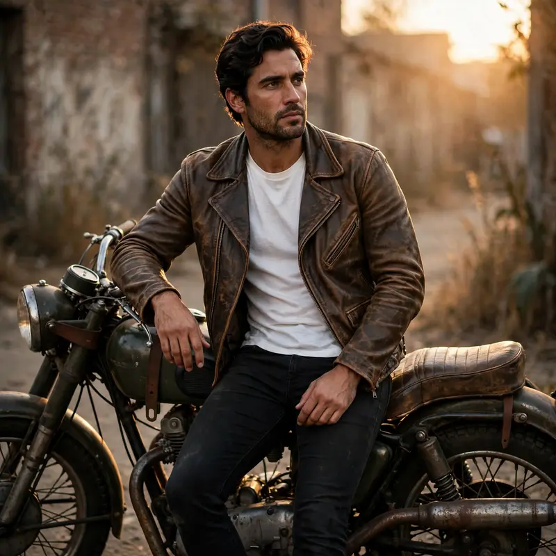 A perfectly worn-in leather biker jacket over a white tee and black skinny jeans, leaning on a vintage motorcycle. Classic rebel photography, golden